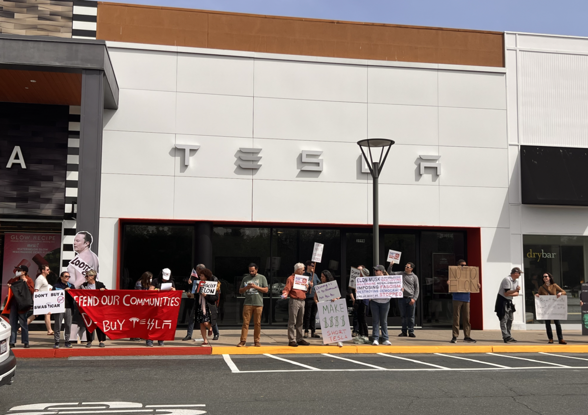 Protestors outside of Stanford Mall Tesla store